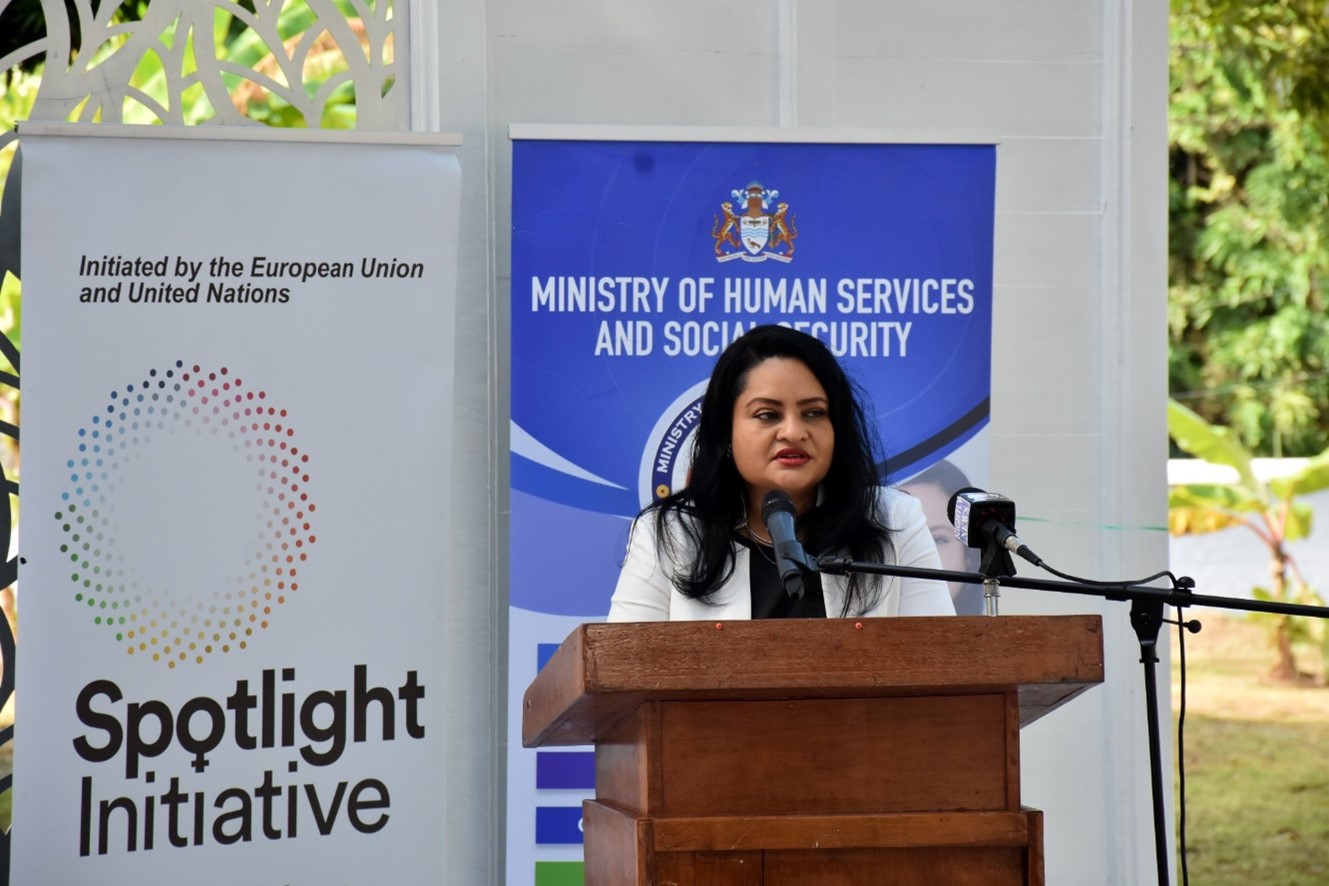 Photo 1: Honourable Minister of Human Services and Social Security, Dr. Vindhya Persaud gives remarks at the Graduation Ceremony