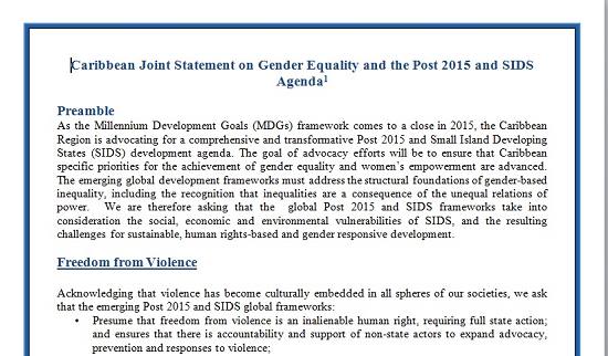 Caribbean Joint Statement on Gender Equality and the Post 2015 and SIDS Agenda1