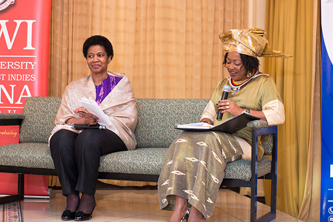 Professor Verene Shepherd, head of the Regional Institute for Gender and Development Studies of the University of the West Indies with UN Women Executive Director Phumzile Mlambo-Ngcuka during a town hall discussion on 1 November. Photo: UN Women/Jean-Pierre Kavanaugh