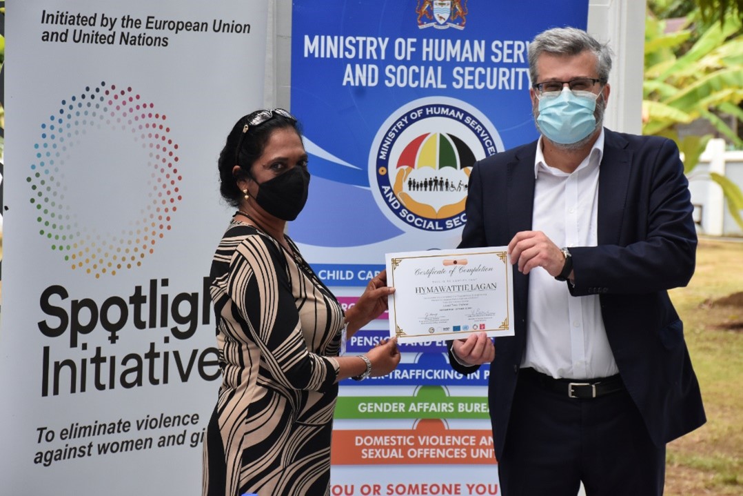 Photo 2: Ambassador of the European Union Delegation in Guyana, H.E. Fernando Ponz Cantó presents certificate to Ms. Hymawattie Lagan