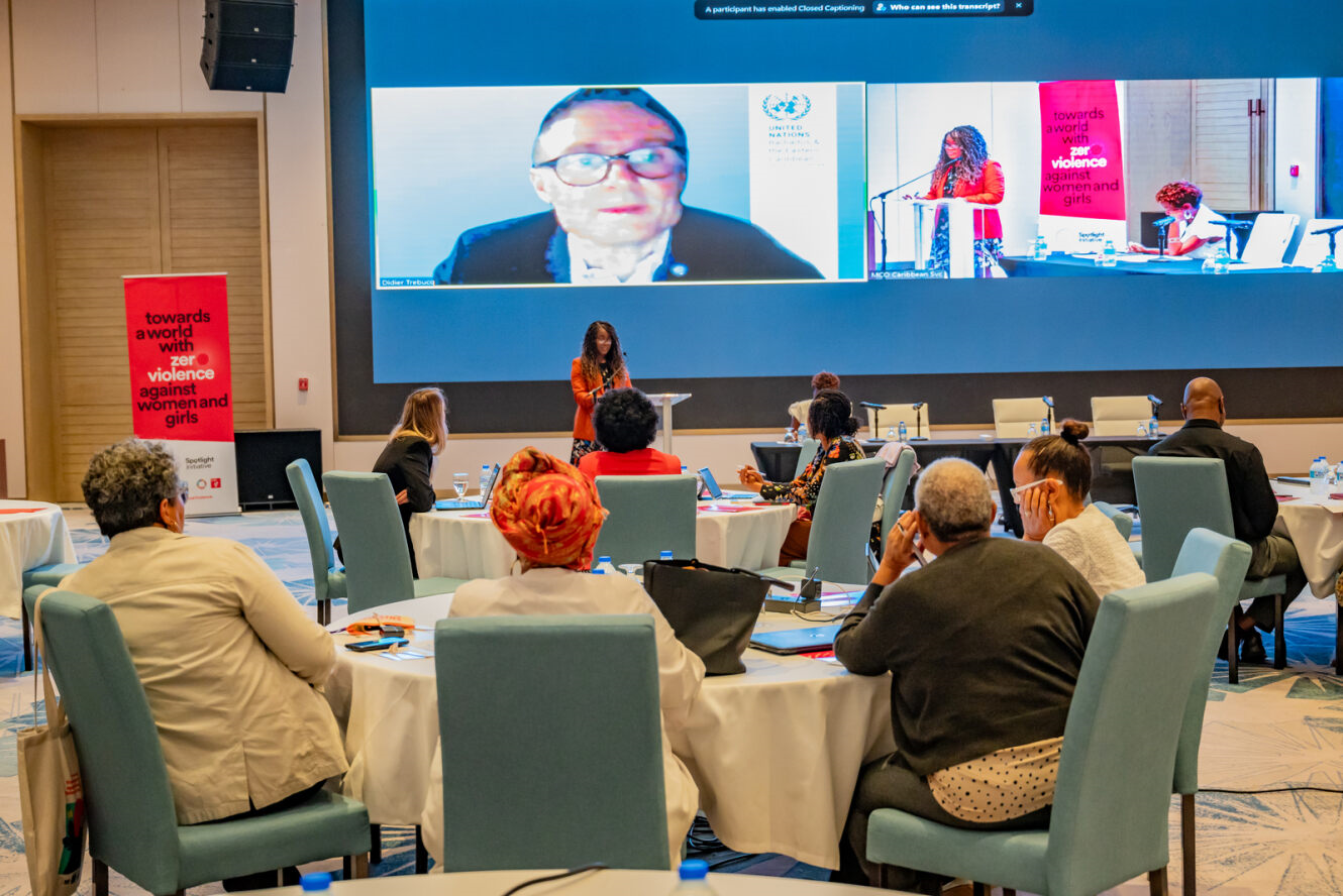 Picture of Mr. Didier Trebucq, UN Resident Coordinator, Barbados and the Eastern Caribbean delivering opening remarks virtually