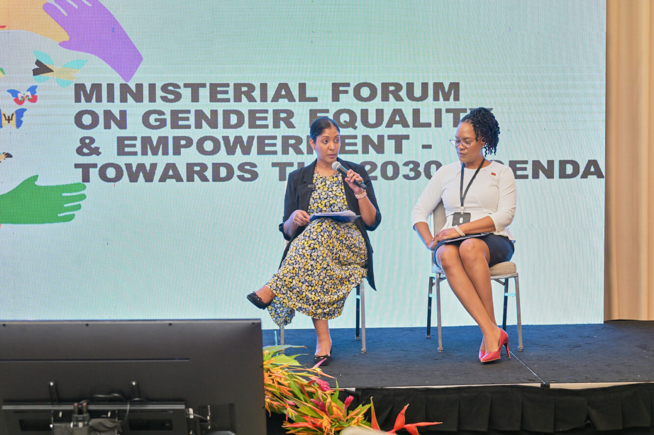 Picture of Ms. Je’nille Maraj, UN Women Planning and Coordination Specialist (at left) speaking on the Gender Responsive Budgeting panel. Pictured right is the Honourable Ayanna Webster-Roy, Minister in the Office of the Prime Minister – Gender and Child Affairs, Trinidad and Tobago