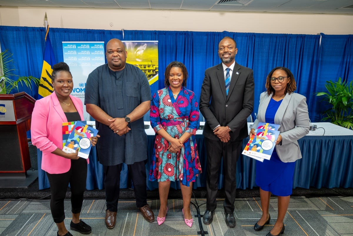 Report authors pose with Senator and Minister of Government of Barbados, and Deputy Rep of UN Women MCO Caribbean