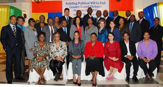 Photo/UN Women: (centre) Jamaicas Minister of Youth, Sports and Culture, the Honourable Olivia Grange, and (3rd from right) Director UNFPA Sub Regional Office for the Caribbean, Ms. Geeta Sethi with regional Parliamentarians, other representatives of UN agencies, governmental departments and partner organisations at the November 8-9 Regional Consultation of Parliamentarians on gender-based violence prevention in Jamaica.