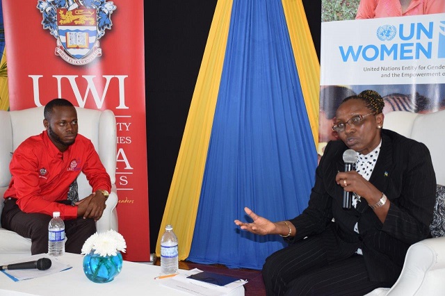 Rwanda Member of Parliament, the Honourable Juliana Kantengwa in the national dialogue with Coordinator of the UWI Leads ESJ Project Marlon Walcott