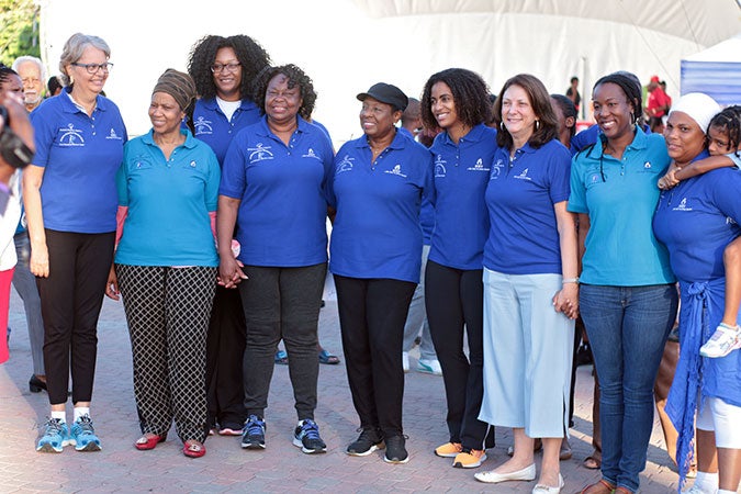 From left: Patricia Francis, interim head, coordinator of the United Nations Secretary-General’s High-Level Panel on Women’s Economic Empowerment; UN Women Executive Director Phumzile Mlambo-Ngcuka; Sherie Cox, UN Women Programme Associate Jamaica; Shirley Pryce, President, Jamaica Household Workers Union, Caribbean Domestic Workers Network and UN Women Civil Society Advisory Group; Hon. Minister Olivia Grange, Minister of Culture, Gender, Entertainment and Sport; Imani Duncan-Price, former Senator; Luiza Carvalho, Regional Director of UN Women in the Americas and the Caribbean; Tonni Brodber Head of Office a.i. UN Women's Multi-Country Office Caribbean and Taitu Heron, UN Women National Programme Coordinator for Jamaica. Photo: UN Women/Jean-Pierre Kavanaugh